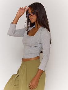MUSERA Atasan lengan 3/4 model syal leher persegi warna abu-abu dengan efek lapisan, cocok untuk pakaian santai sehari-hari wanita di musim panas. - Light Grey - View 3