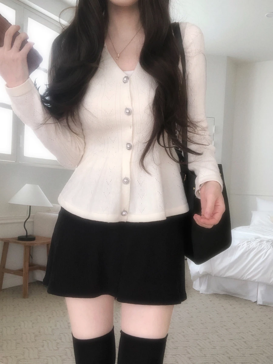 DAZY Solid Button Through Peplum Cardigan Fall Long Sleeve Tops - White - View 1