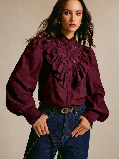CielaLinda Schiffy Insert Ruffle Trim Lantern Sleeve Shirt