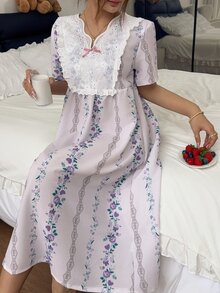 Napfluff 花卉印花對比蕾絲泡泡袖晚禮服 - 淡紫色 - 查看 4