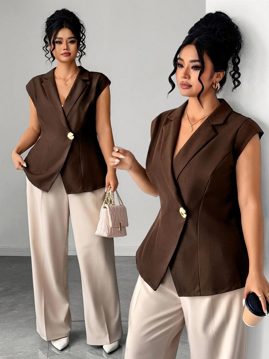 Elenzga Plus Lapel Neck Single Button Waistcoat Office Formal Brown Summer Casual Elegant - Coffee Brown - View 1