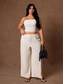 Rustia Ditambah atasan tube crop polos & celana lebar. - Aprikot - View 5