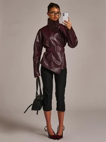 SHEIN BAE Solid Belted PU Leather Jacket - Burgundy - View 3