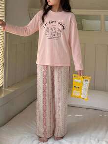 DAZY Tween Girl Cartoon Rabbit & Slogan Graphic Drop Shoulder Tee & Pants PJ Set - Pink - View 3
