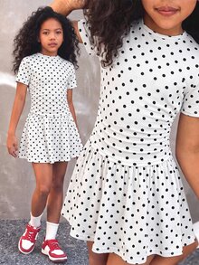 Kids Tween Girl 1pc Polka Dot Print Ruched Ruffle Hem T-Shirt & 1pc Skirt - White - View 1