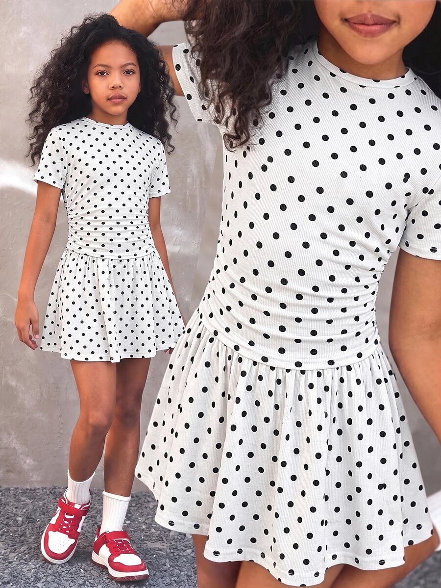 Kids Tween Girl 1pc Polka Dot Print Ruched Ruffle Hem T-Shirt & 1pc Skirt - White - View 1