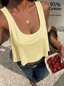 SHEIN EZwear 素色圓領背心上衣 - 淡黃色 - 查看 8
