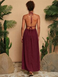 Travachic Tie Backless Split Thigh Halter Dress - Redwood - View 2