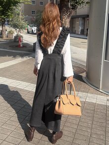 FRIFUL Solid Ruffle Trim Overall Dress Without Tee Brunch Dark Green Autumn French Elegant - Dark Grey - View 6
