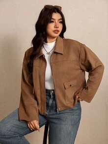 Elaquor Plus Size Suede Flap Pocket Zip Up Jacket Fall - Brown - View 2