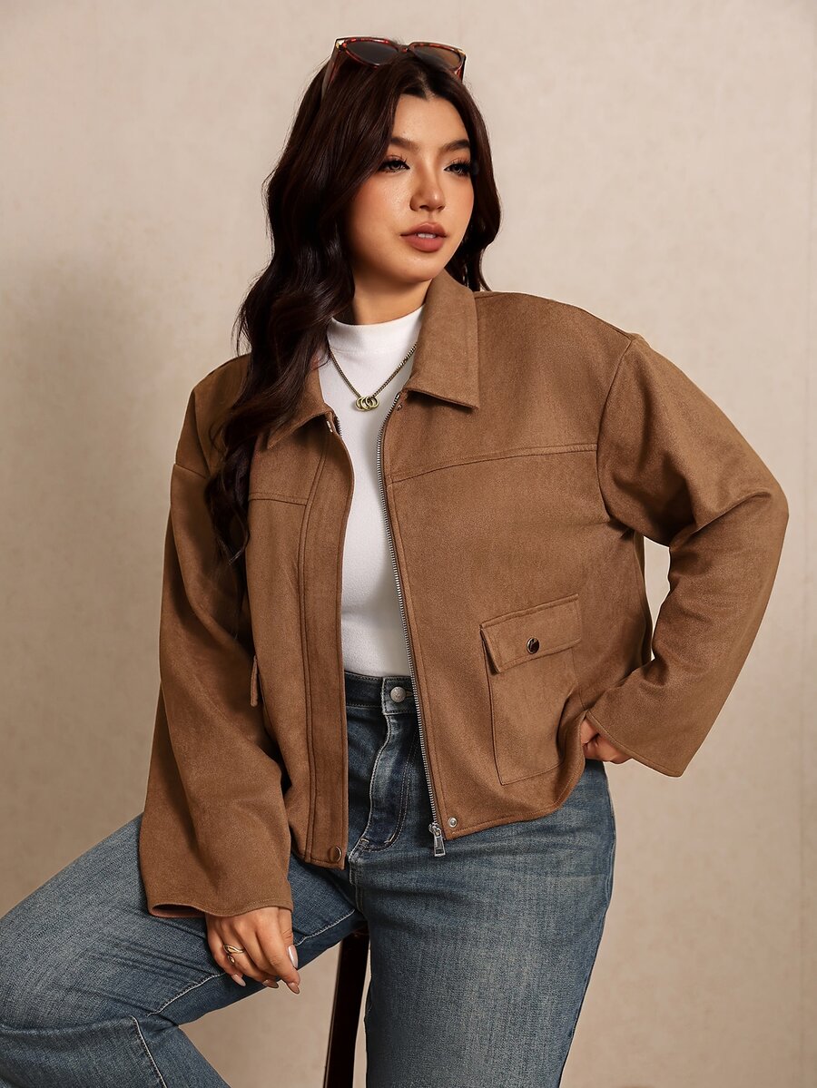 Elaquor Plus Size Suede Flap Pocket Zip Up Jacket Fall