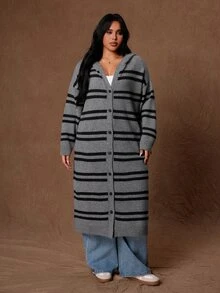 Rustia Plus Striped Pattern Drop Shoulder Hooded Duster Cardigan Winter - Multicolor - View 3