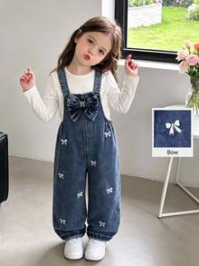 SHEIN Genkimix Kids 女童 1件刺繡細節蝴蝶結前襟牛仔吊帶褲 - 深色水洗藍 - 查看 1