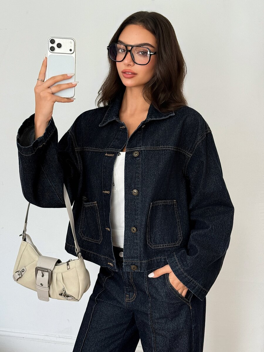 SHEIN Dual Pocket Drop Shoulder Denim Jacket - Navy Blue - View 1