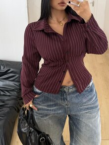 POPSWAY Plus Striped Print Button Front Shirt Fall - Burgundy - View 1