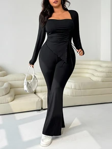 Solflare 大尺碼抽繩前襟不對稱下擺T恤與喇叭褲套裝 - 黑色 - 查看 6