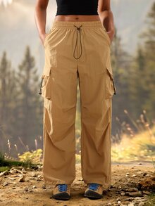 SHEIN Sports Celana Outdoor dengan Kantong Lipat dan Tali Serut di Pinggang - Khaki - View 3