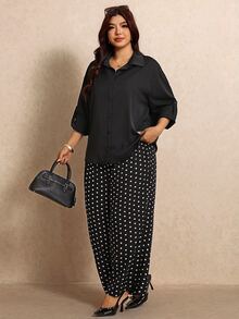 Elaquor Plus Solid Button Front Shirt & Polka Dot Wide Leg Pants - Black and White - View 1