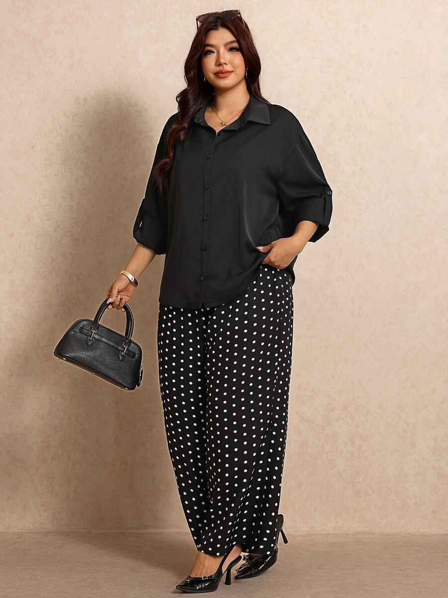 Elaquor Plus Solid Button Front Shirt & Polka Dot Wide Leg Pants - Black and White - View 1