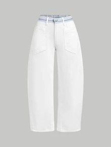 SHEIN PETITE High Waist Straight Leg Jeans - White - View 8