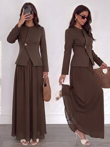 Firerie 1pc Solid Metal Button Placket Blazer & 1pc Skirt Suit Set - Brown - View 2