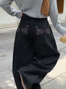 DAZY Contrast Ditsy Floral Wide Leg Jeans Cute Tops Everyday Black Floral Summer - Black - View 6
