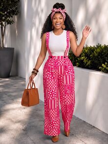 Brilight Patchwork Print Wide Leg Jumpsuit Without Tank Top - Hot Pink - View 5