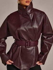 SHEIN BAE Solid Belted PU Leather Jacket - Burgundy - View 6