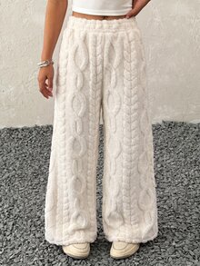 Tween Girl Solid Fuzzy Wide Leg Pants - White - View 1