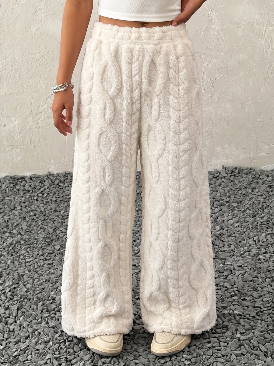 Tween Girl Solid Fuzzy Wide Leg Pants - White - View 1