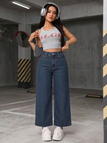 Jeanoix Plus High Waist Wide Leg Jeans - Medium Wash - View 6