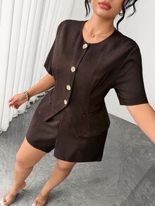 Elenzga Áo blouse cài nút phía trước và quần short size lớn - Màu nâu Sô-cô-la - Xem 6