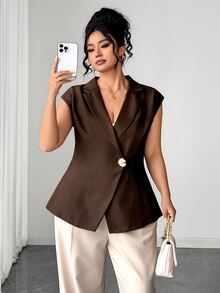 Elenzga Plus Lapel Neck Single Button Waistcoat Office Formal Brown Summer Casual Elegant - Coffee Brown - View 4