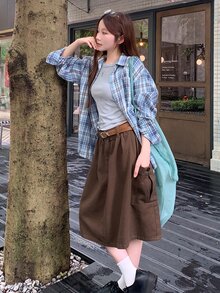 DAZY Solid Pocket Side Denim Skirt - Coffee Brown - View 1