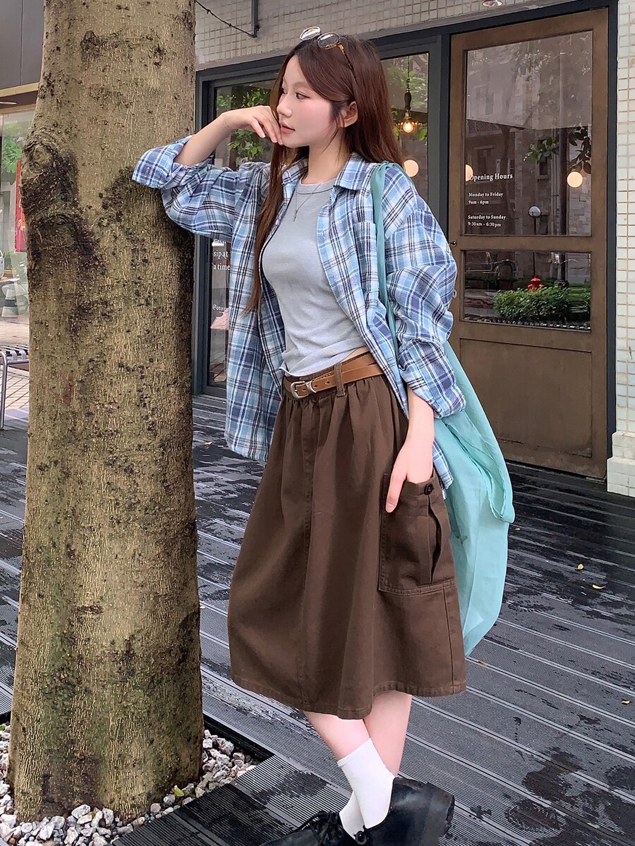 DAZY Solid Pocket Side Denim Skirt - Coffee Brown - View 1