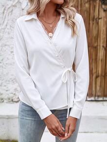SHEIN LUNE Solid Contrast Lace Trim Knot Side Wrap Shirt - White - View 5