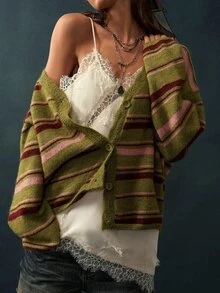 Bohemela Contrast Striped Pattern Drop Shoulder Oversize Cardigan - Green - View 4