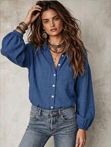 SHEIN Solid Drop Shoulder Lantern Sleeve Shirt - Blue - View 4