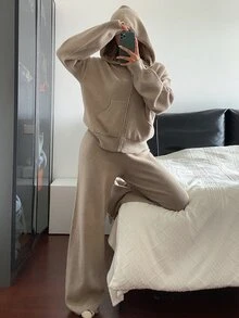 DAZY Solid Drop Shoulder Zip Up Hooded Cardigan & Wide Leg Knit Pants Set Fall - Apricot - View 6