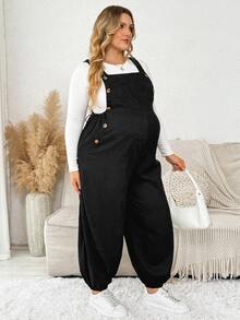 Plussiva Plus Maternity Solid Button Detail Overall Without Tee - Black - View 4