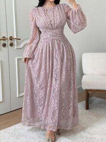 Feyla Plus Lantern Sleeve Lace Dress - Baby Pink - View 3