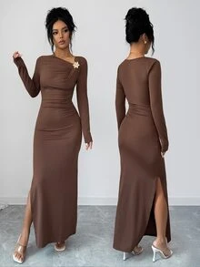 Elenzga Asymmetrical Neck Button Detail Split Thigh Dress - Brown - View 4