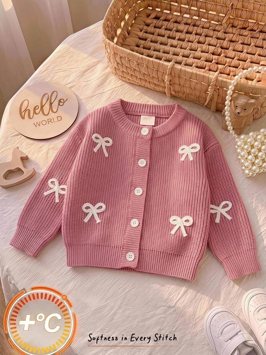Cozy Pixies Baby Girl Bow Front Button Placket Cardigan - Pink - View 1