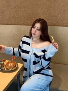 Vibekara Plus Size Contrast Striped Drop Shoulder Cardigan Winter - Multicolor - View 5
