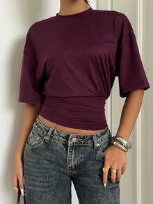 Aloruh Kaos Crop Top Polos dengan Bahu Jatuh, Cocok untuk Acara Santai, Brunch, Pantai, Hari Minggu, Warna Ungu Tua, dan Gaya Kasual Musim Panas. - Red Violet - View 6