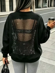 Rovax Rhinestone Detail Drop Shoulder Sweatshirt - Black - View 5