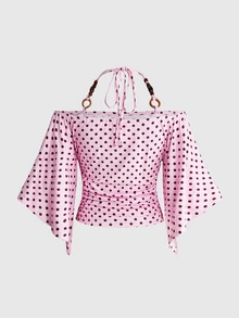 ROMWE Hippie Polka Dot Print Off Shoulder Halter Neck Flutter Sleeve Tee - Pink - View 2