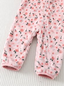女嬰碎花印花連帽法蘭絨連身衣 - 粉色 - 查看 4