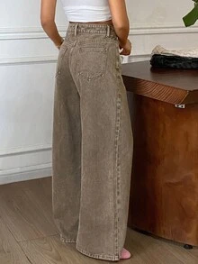 DAZY Celana Jeans Pinggang Tinggi dengan Potongan Lebar untuk Liburan Musim Gugur - Khaki - View 7