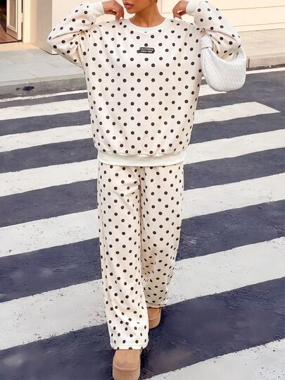 Tween Girl Polka Dot Print Drop Shoulder Hoodie & Pants